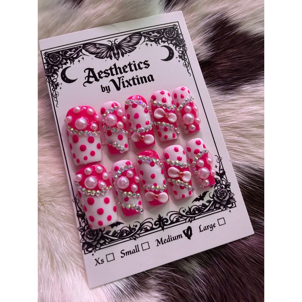 Aesthetics by Vixtina Pink Polka Dot Press On Nails 3D Pearl Bow Rhinestone Med